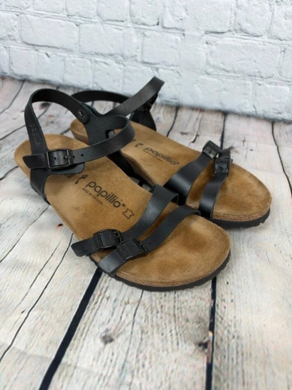 Papillio Lana black leather wedge sandals size 9